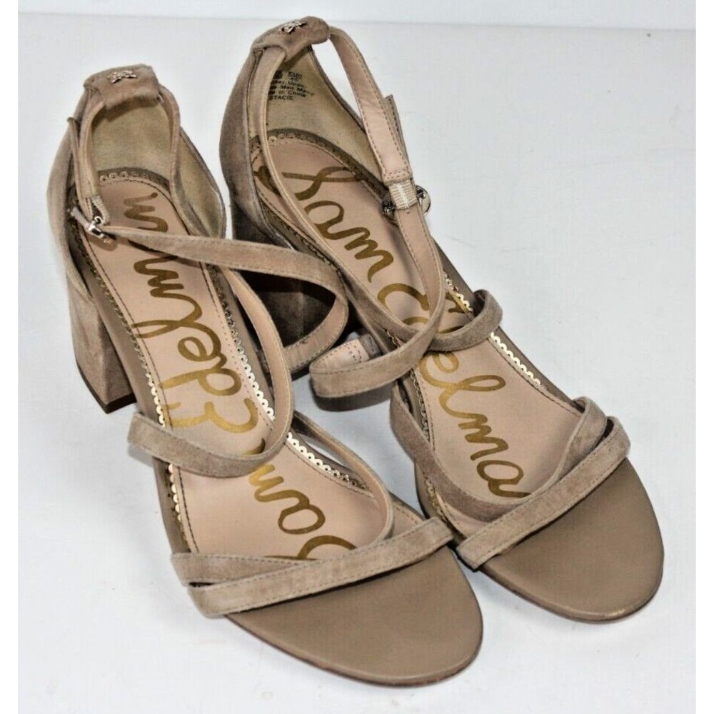 Sam Edelman Strappy Tan Camel Suede Block Mid-Heeled Dress Sandals Womens sz 10M